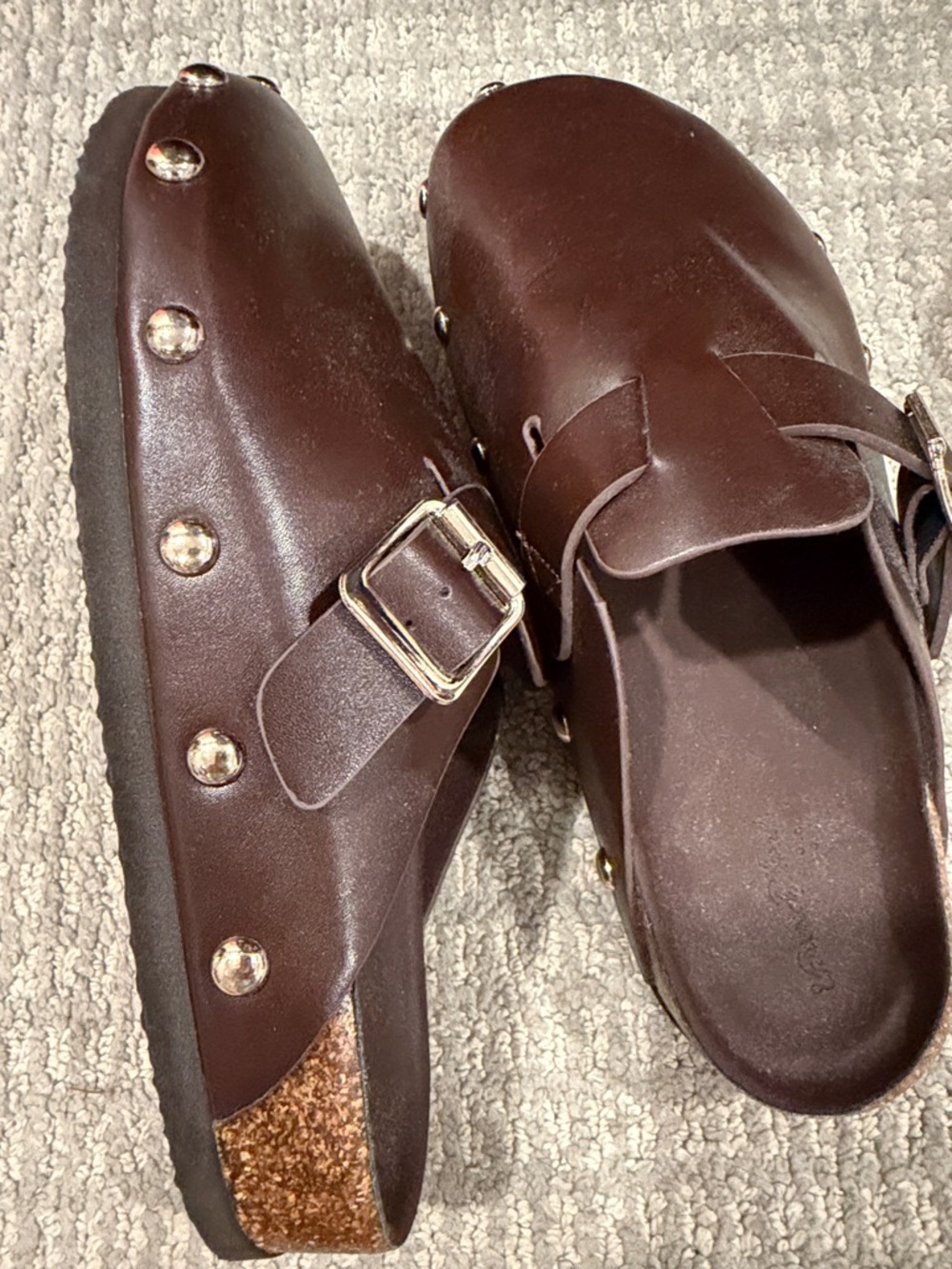 Womens Brown Slip-On Leather Clog Mules